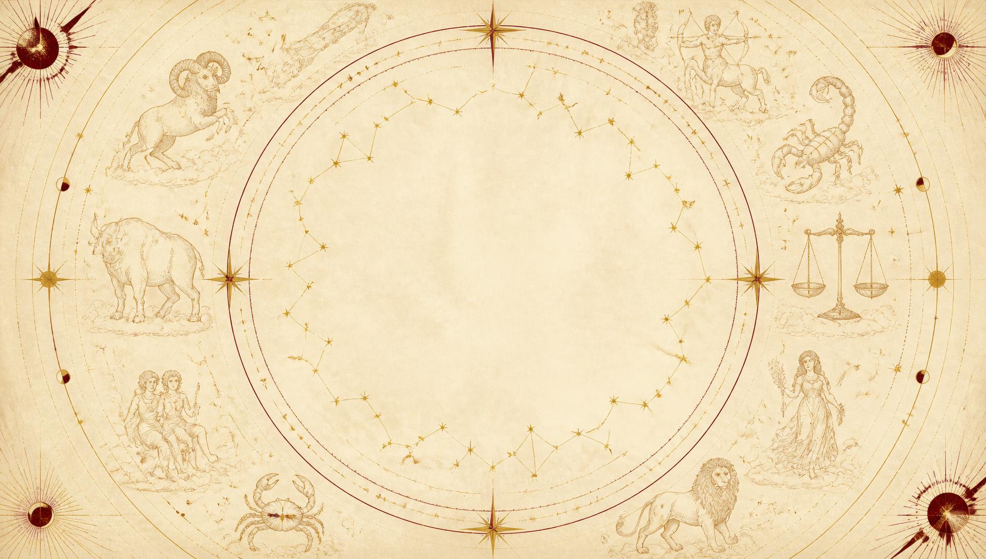 Hand-inked celestial star chart with zodiac constellations on ivory parchment