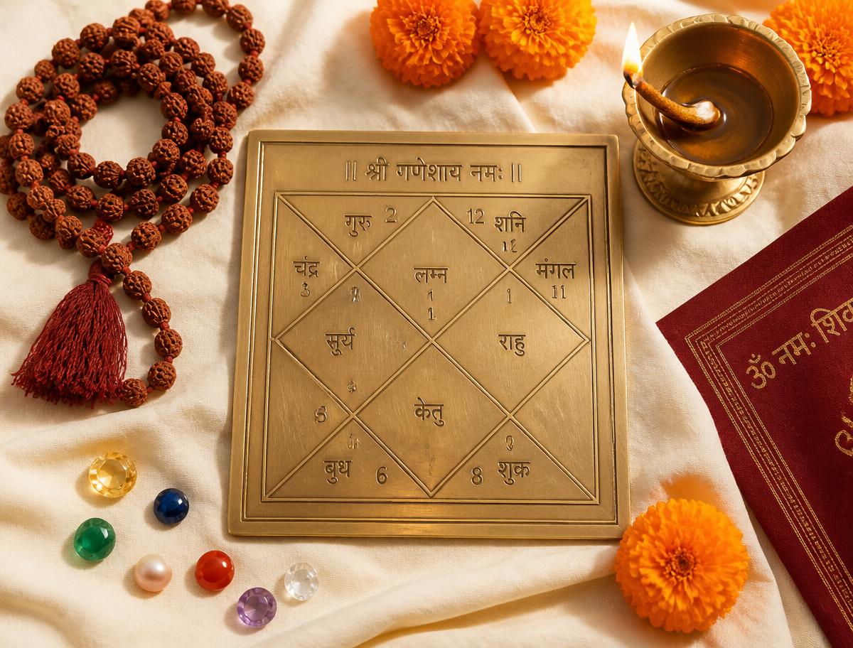 Brass kundli chart with rudraksha mala, gemstones and diyas on dark silk